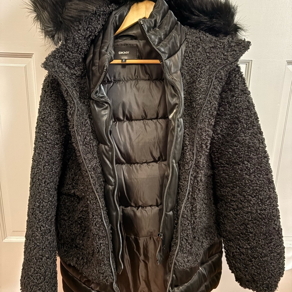 DKNY Black Teddy Jacket with Faux Fur Hood